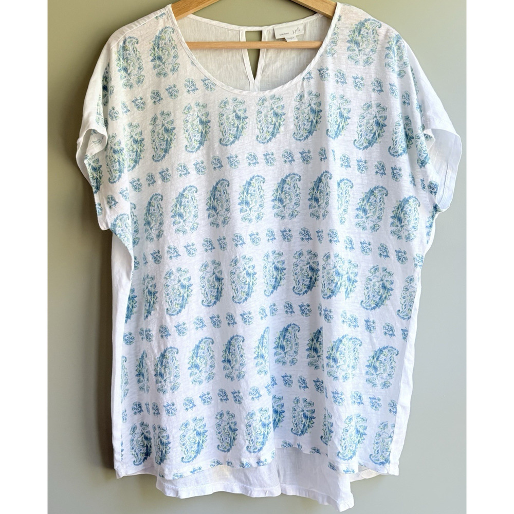 J Jill Love Linen Jersey Paisley Print Top Mixed Media White Blue L Coastal